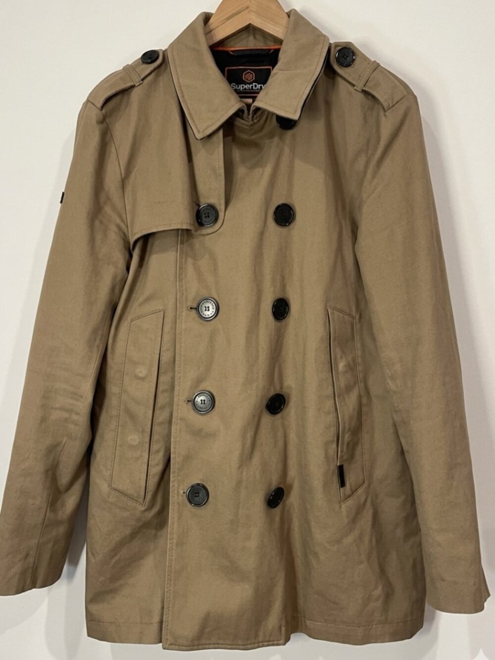 Superdry Men's Large Premium Double-Breasted Trench Jacket Khaki Tan